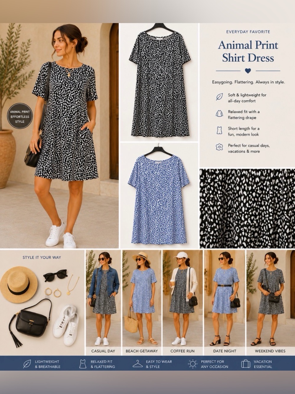 Love Riche Animal Print Swing Shirt Dress Blue White Boat Neck Large
